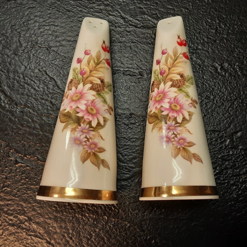 Vintage Sandford Fine Bone China Tall Salt & Pepper Shakers – Floral & Gold Trim